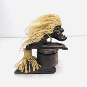 Primitive Tiki Tribal Man playing Drum Trinket Box Hand Carved Wooden Statue 5"